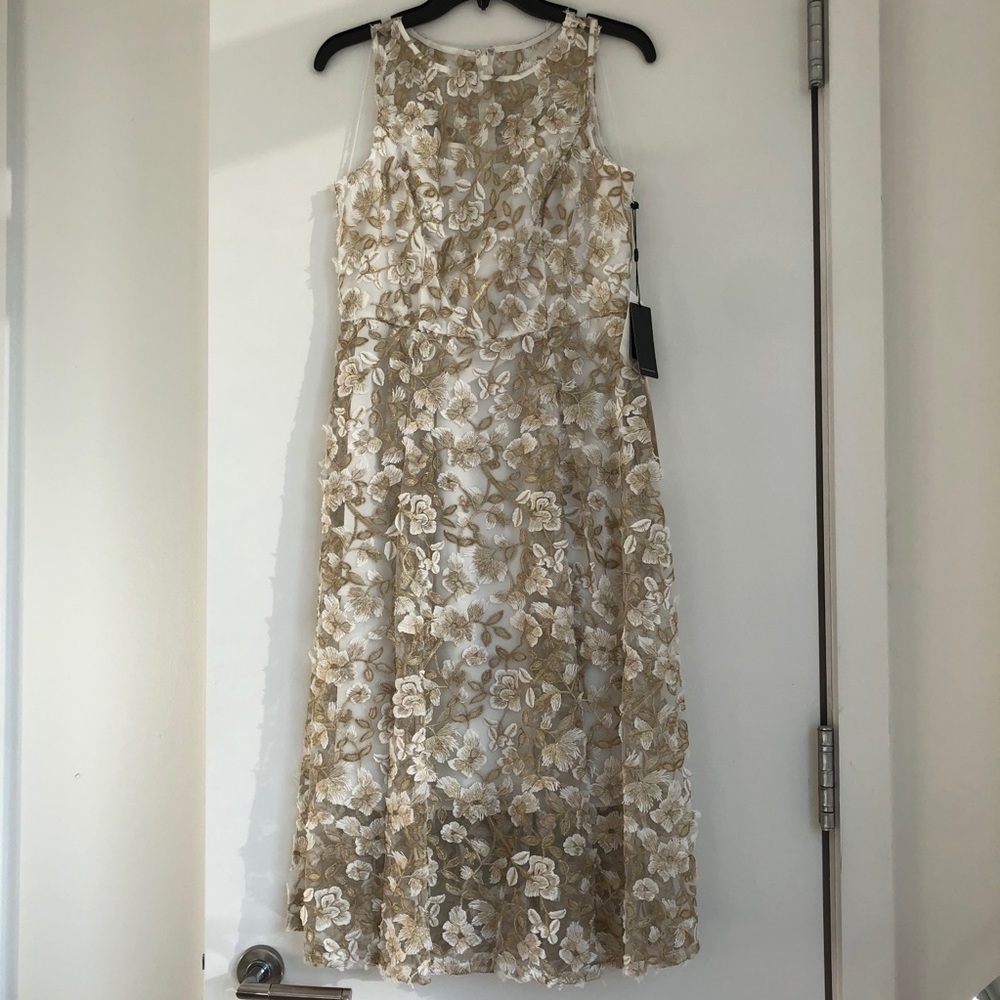 Adrianna Papell 3D Floral Metallic Lace Midi Dress